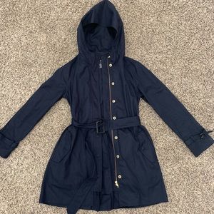 Jcrew navy belted and hooded mid length coat